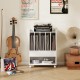 Vinyl record holder with dividers, smooth-rolling wheels, and drawer for organized storage in white finish.