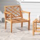 Teak wood slatted patio chair with cozy backrest and armrests, perfect for outdoor seating and relaxation.