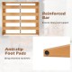 Teak wood slatted patio chair detail showing reinforced bar for strong seat support and anti-slip foot pads for.