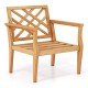 Teak wood slatted patio chair with ergonomic backrest and armrests, perfect for outdoor seating and relaxation.