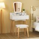 White vanity desk set with adjustable LED mirror, six drawers, and a padded stool, perfect for makeup and decor.