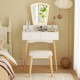 Vanity desk set in white with adjustable LED mirror, six drawers, and a padded stool for stylish makeup organization.