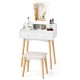 Vanity desk set in white with 3-color LED mirror, 6 drawers, and a padded stool for versatile makeup needs.