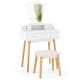 Vanity desk set in white with 3-color LED mirror, 6 drawers, and padded stool for stylish makeup organization.