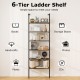 6-tier ladder shelf in oak finish, showcasing ample space for books, plants, and photos, perfect for industrial decor.