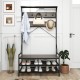 Coat rack hall tree with 11 hooks and a gray shoe bench, featuring a top shelf for decorations and a 2-tier shoe rack.