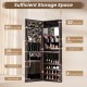 Jewelry mirror cabinet with full-length mirror, dark brown finish, ample storage for earrings, necklaces, and cosmetics.