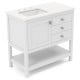 Freestanding bathroom vanity unit in white with ceramic sink, granite countertop, and storage cabinet for grooming.