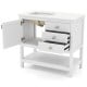 Freestanding bathroom vanity unit in white with ceramic sink, granite countertop, and spacious storage drawers.