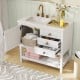 Freestanding bathroom vanity unit in white showcasing a spacious countertop with grooming essentials and decorative.