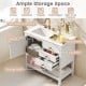 Freestanding bathroom vanity unit in white with a ceramic sink, granite countertop, and ample storage space.