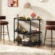 3-tier black liquor bar table with a curved design and elegant guardrails, ideal for beverage organization and display.