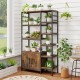 Double wide 8-tier bookshelf in rustic brown with staggered shelves and 2-door cabinet, perfect for home office or.