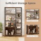 Staggered shelves of the Double Wide 8-Tier Bookshelf with 2-door cabinet in rustic brown, ideal for stylish storage.