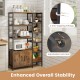 Double wide 8-tier bookshelf in rustic brown with 2-door cabinet, adjustable foot pads, and anti-toppling fittings for.