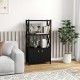 Black bathroom storage cabinet with open shelves and double doors, featuring a solid rubber wood frame for durability.