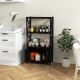 Black bathroom storage cabinet with open shelves and double doors, featuring a solid rubber wood frame for versatile.