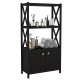 Black bathroom storage cabinet with a textured double door design, featuring open shelves for decorative or essential.