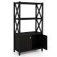 Black bathroom storage cabinet with open shelves and double doors, featuring a solid rubber wood frame and X-shaped.