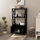 Black bathroom storage cabinet showcasing open shelves and double doors, featuring X-shaped bars for added elegance and.