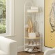 Coat rack corner hall tree with a natural wood top shelf and a shoe storage bench, perfect for maximizing entryway.
