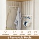 4-tier coat rack corner hall tree with 6 removable hooks and shoe storage bench for entryway organization.