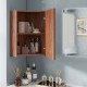 Corner medicine cabinet in brown with open mirror door, featuring adjustable shelf for efficient storage in small.