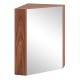Corner medicine cabinet in brown with mirror door, adjustable shelf, and soft close hinges for efficient space.
