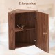 Corner medicine cabinet in brown with open mirror door, adjustable shelf, and dimensions for efficient space use.
