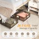 Rolling plastic storage container with transparent lid, 26.5 GAL capacity, perfect for organizing clothes and blankets.
