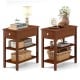 Narrow brown end tables with a drawer and storage shelves, perfect for small spaces in living rooms or offices.