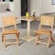 Two teak wood outdoor dining chairs with slatted design, perfect for patio or garden use, showcasing ergonomic comfort.
