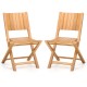 Two teak wood outdoor dining chairs with slatted design, ergonomic support, and folding feature for easy storage.