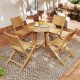 Teak wood outdoor dining set featuring two folding chairs and a round table, perfect for patio relaxation.