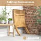 Folding teak wood outdoor lounge chair with slatted seat, perfect for compact storage and easy transportation.