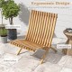 Folding teak wood outdoor lounge chair with slatted seat and inclined backrest, perfect for patio relaxation.