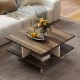 Square walnut coffee table featuring 2 tiers and 4 storage compartments, perfect for organizing living room essentials.