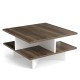 2-tier square coffee table in walnut with 4 storage compartments, perfect for organizing living room essentials.