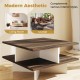 2-tier square coffee table in walnut with rustic wood grain, featuring 4 storage compartments for living room.