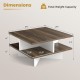 2-tier square coffee table in walnut with cross-shaped base, featuring 4 storage compartments for organized living.