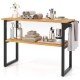 2-tier solid teak wood bathroom shelf with a side towel holder, showcasing natural wood grain and ample storage space.