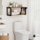 Teak wood wall-mounted floating shelf with towel bar, featuring two tiers for storage and display in a bathroom setting.