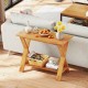 Teak wood console table with storage shelf, featuring a long tabletop and simple style for versatile home decor.