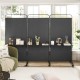 3-panel folding room divider in black with metal shelves, ideal for organizing items in living room or office.