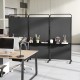 3-panel folding room divider in black with 3 metal shelves, ideal for organizing items in office or living space.