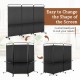 3-panel black folding room divider with metal shelves and lockable wheels, ideal for organizing spaces in living rooms.