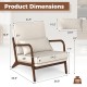 Dimensions of the Modern Accent Chair with Rubber Wood Armrests, featuring a beige padded seat and lumbar support.