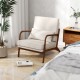Beige modern accent chair with rubber wood armrests, removable back cushion, perfect for living rooms or reading spaces.