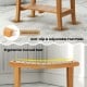 Teak shower stool with ergonomic curved seat, adjustable foot pads, and lower storage shelf for toiletries.