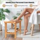 Teak shower stool with curved seat, storage shelf, and non-slip footpads, ideal for personal care in the bathroom.
